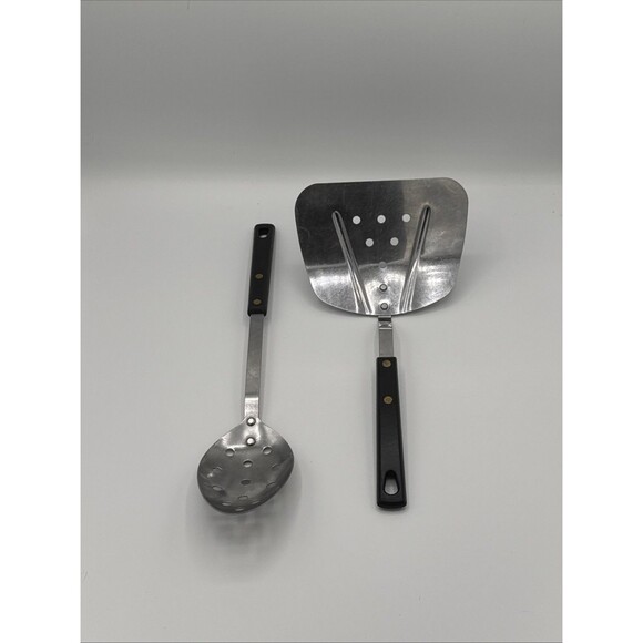 Vintage Spatula Lifter & Slotted Spoon Set Stainless Steel USA 1960s Wood Handle - Picture 1 of 9